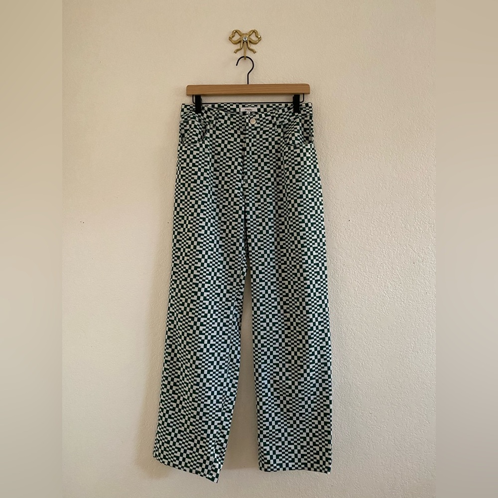 Miaou Women’s Green And White Checkered Pants Size M Straight Leg Mid-Rise